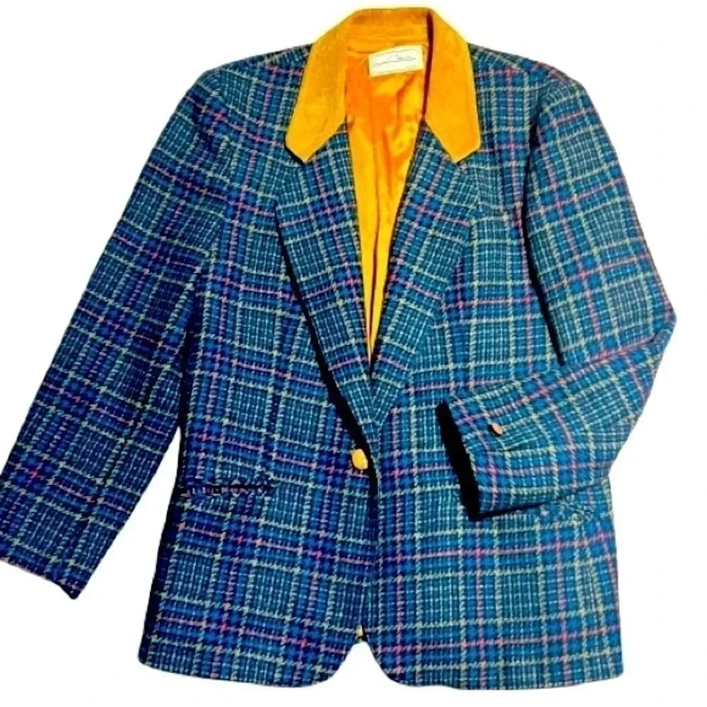 VINTAGE LINDOR PLAID  BLUE GREEN SUEDE TAN COLLAR BLAZER SIZE M